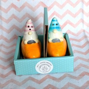 New - Gnome Spring Salt and Pepper Shakers - riding a carrot